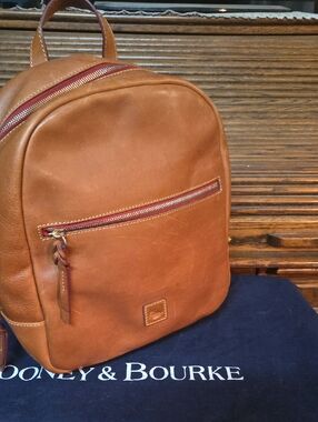Dooney & Bourke Cognac Leather Backpack with Contrast Zips
